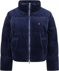 Corduroy Puffer Jacket High Collar In Blue