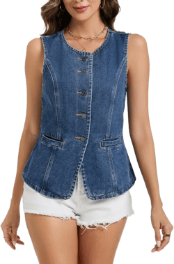 Denim Vest Top for Women Sleeveless Blazer Jean Vest Button Down Crewneck Waistcoat Tank Top Dark Blue Large