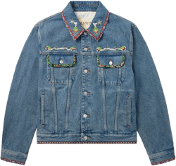 Bead-embellished Floral-trimmed Denim Jacket In Blue