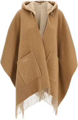 Poncho Fringed Hooded Front Pockets In Cream