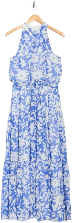 Floral Sleeveless Tiered Chiffon Maxi Dress In Blue