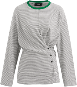 Cotton-blend Stripe Button Side Ruched Contrasting Binding Long Sleeve Tee