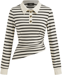 Cotton-blend Stripe Collar Long Sleeve Asymmetrical Hem Ruched Top