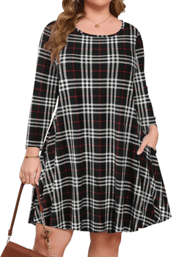 JollieLovin Women Plus Size 3/4 Sleeve Casual Dresses Crew Neck T Shirt Swing Dress with Pockets X-Large 2-checkered_plaid