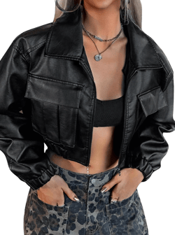 Avanova Women Faux Leather Cropped Jacket Zip Up Motorcycle Bomber Short Jackets Coat X-Large Black