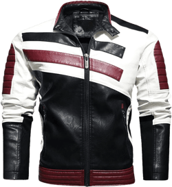PU Leather Café Racer Stand Collar Striped Black Red White Toned Outfit Zip-Up Casual Slim Fit Faux Black Jacket for Men Medium