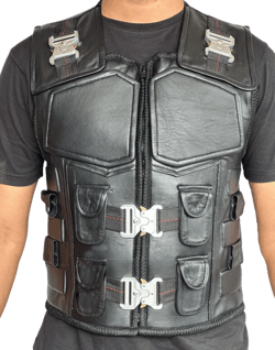 Men&#39;s Real Black Leather Classic Biker Motorcycle Leather Vest– Tactical Buckles Vest Vintage Style, Sleeveless Jacket