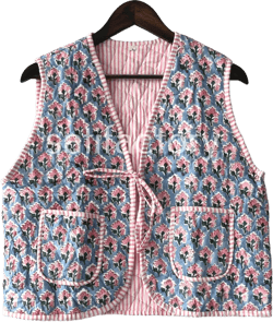 Handmade Floral Quilted Cotton Vest – Reversible Boho Waistcoat with Pockets, Indian Block Print Gilet, Layered Winter Jacket for Women