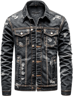 Mens Denim Jacket Distressed Comfortable Durable Black Jeans Flaps Slanted Front Pockets Lepal Trucker Jackets For Men