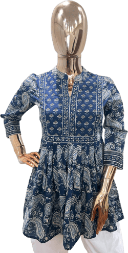 Blue Floral Printed Empire Top - Short Kurta For Women - Summer Kurtis - Tops Tees T-shirt  - Plus Size Boho Tops - Pure Cotton Tunic Tops