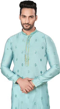 Premium Sea Blue Silk Men Kurta Pajama in Floral Design | Indian, Pakistani Wedding, Party wear Men&#39;s Tradition Kurta