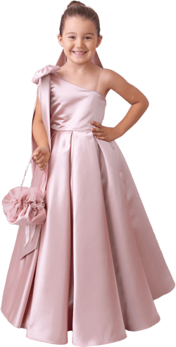 Blush Satin Flower Girl Dress – One Shoulder Gown with Oversized Bow, Personalized Accessories, Elegant Wedding Dress for Girls