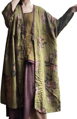 Hand Printed Floral Cotton Linen Robe, Long Length Lightweight Summer Cardigan, Loose Bohemian Beach Cover Up, Custom Vacation Kimono Jacket