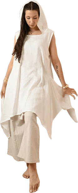 White Linen Tunic with Hood, Sleeveless Asymmetrical Top with Pockets, Boho Minimalist Summer Wear, Natural Linen Clothing for Women, Linen