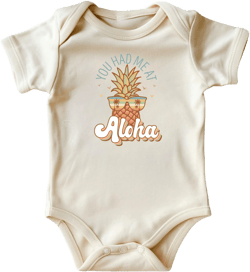 You Had Me at Aloha Baby Onesie® • Cute Hawaiian Themed Baby Bodysuit • Natural Color Baby Clothing • Printed in USA • Unique Baby Gift