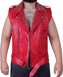 Title:  Men’s Red Leather Biker Vest with Spikes & Studs, Punk Rock Moto Club Style, Handmade Sleeveless Jacket, Heavy Metal Festival Wear