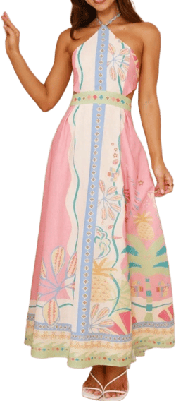 Floral Print Halter Neck Maxi Dress – Backless Tie Dress with Cutouts – Summer Boho Printed Dress
