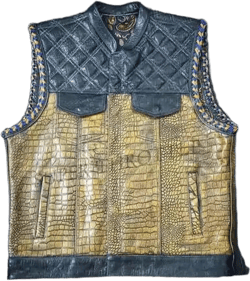 Handmade Crocodile Embossed Leather Vest–Black & Gold Biker Style|Quilted Shoulders|Western Streetwear Men Gilet | Unique Leather waistcoat