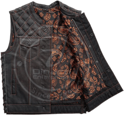 Men’s Black Genuine Cowhide Leather Bikers Vest Handmade Diamond Quilted Stitch Cowhide Leather with Orange Paisley Lining, Side Laces,