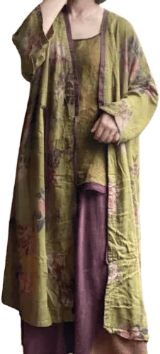 Hand Printed Floral Cotton Linen Robe, Long Length Lightweight Summer Cardigan, Loose Bohemian Beach Cover Up, Custom Vacation Kimono Jacket