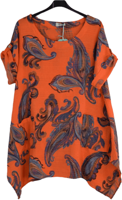 Oversized Linen Blend Paisley Floral Print Oversized Hanky Hemline Asymmetric Tunic with Pockets Women&#39;s Loose Cotton Summer Linen Hi-Lo Top