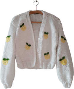 Chunky lemon cardigan, men&#39;s fruit sweater, white fruit sweater, handmade gifts for him, trendy unisex fruit cardigan, oversize knit jacket