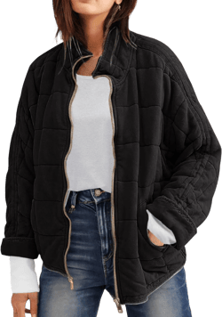 Womens Dolman Quilted Lightweight Jackets Full-zip Stand Collar Loose Warm Winter Outwears with Pockets Large Black