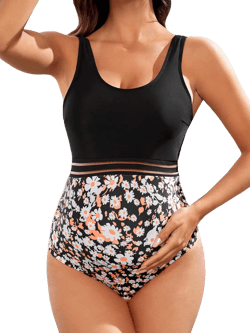MakeMeChic Women's Maternity Swimsuit Floral Print High Waist Scoop Neck Mesh Bathing Suit