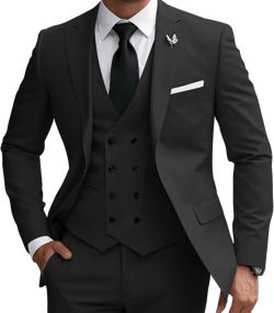 Wangyue Men's Suit 3 Piece Slim Fit Suit Double Breasted Vest Suit for Wedding Prom Party Dinner XX-Small Black