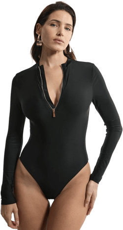 Long Sleeve Swimsuit With Gold Zip | Karen Millen