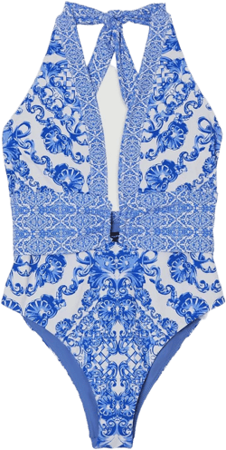 Tall Blue Scarf Print Plunge Swimsuit | Karen Millen