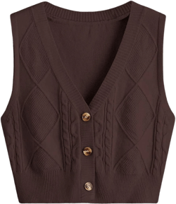 Verdusa Women's Button Up Sleeveless Sweater Vest Cable Knit Crop Top Outerwear