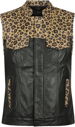 Women's Black Real Leather Jacket Vest, Distressed leather vest women, Leopard print fashion vest womens Large Womens Leopard Print Leather Jacket Vest