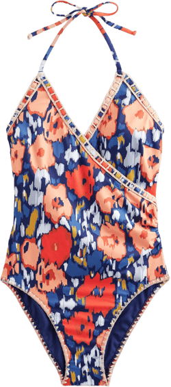 Crochet Trim Wrap Swimsuit-Navy, Abstract Poppy