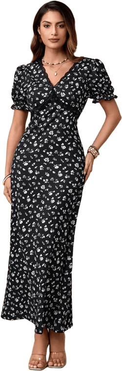 Women's V-Neck Long Dress with Elegant Floral Lace Patchwork - Perfect for Vacations