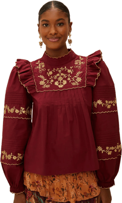 Burgundy Golden Embroidered Organic Cotton Blouse