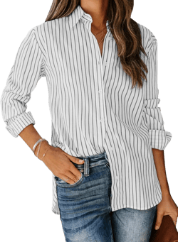 siliteelon Womens Button Down Shirts Cotton Striped Dress Shirt Long Sleeve Collared Office Work Blouses Tops - Black and White M