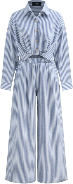 CIDER Women Collar Striped Buttoned Knotted Roll-Up Sleeve Straight Leg Cotton Blend Work Bussiness Jumpsuits Blue Large