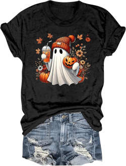 Pumpkin Spooky Halloween Shirts for Women Funny Ghost Graphic Tees 2025 Fall Short Sleeve Yellow Orange Tops Costumes Black Small