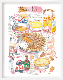 Pecan Pie recipe fine art print, Watercolor painting, Southern dessert poster, Thanksgiving decor, Artwork for cozy kitchen walls, Food art