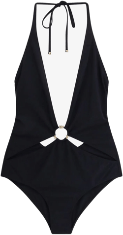 Celine Women's Blue Triomphe Deep V-Neck One-Piece Swimsuit