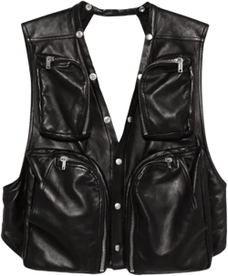 Rick Owens Men's Black Leather Vest With Multiple Zip Pockets And Open Back