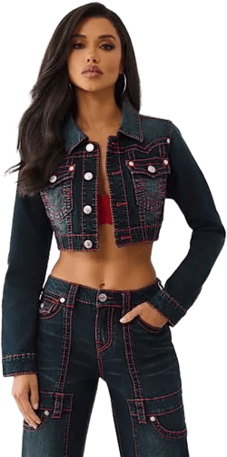 True Religion Women's Blue Crop Mini Big T Jacket