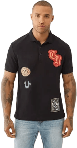 True Religion Men's Black Relaxed Patch Polo Shirt