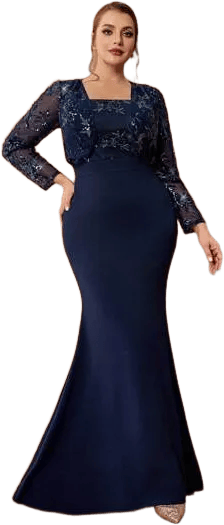SHEIN Belle Plus Size Elegant Luxurious Navy Blue Lace Long Sleeve Sequin Embroidered Mermaid Formal Dress, Suitable For Mothers Of Bride And Groom