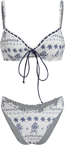 V-neck Floral Knotted Lettuce Trim Underwire Cheeky Bikini Set