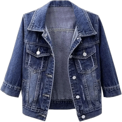 Women's 3/4 Sleeve Colored Cropped Denim Jacket Trendy Light Wash Short Jean Jacket Trucker Coat