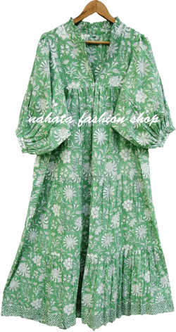 green floral printed cotton long maxi dress - v neckline maxi dress - 3/4th sleeve with buttons maxi dress