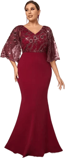 SHEIN Belle Burgundy Red Plus Size Wine Red Sequined V-Neck Shawl Style Formal Mother Of The Bride Wedding Evening Dress, Wedding Event Dress, Elegant Dress