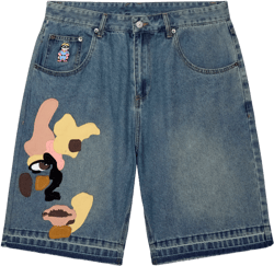 Face Patchwork Baggy Shorts [Light Wash]